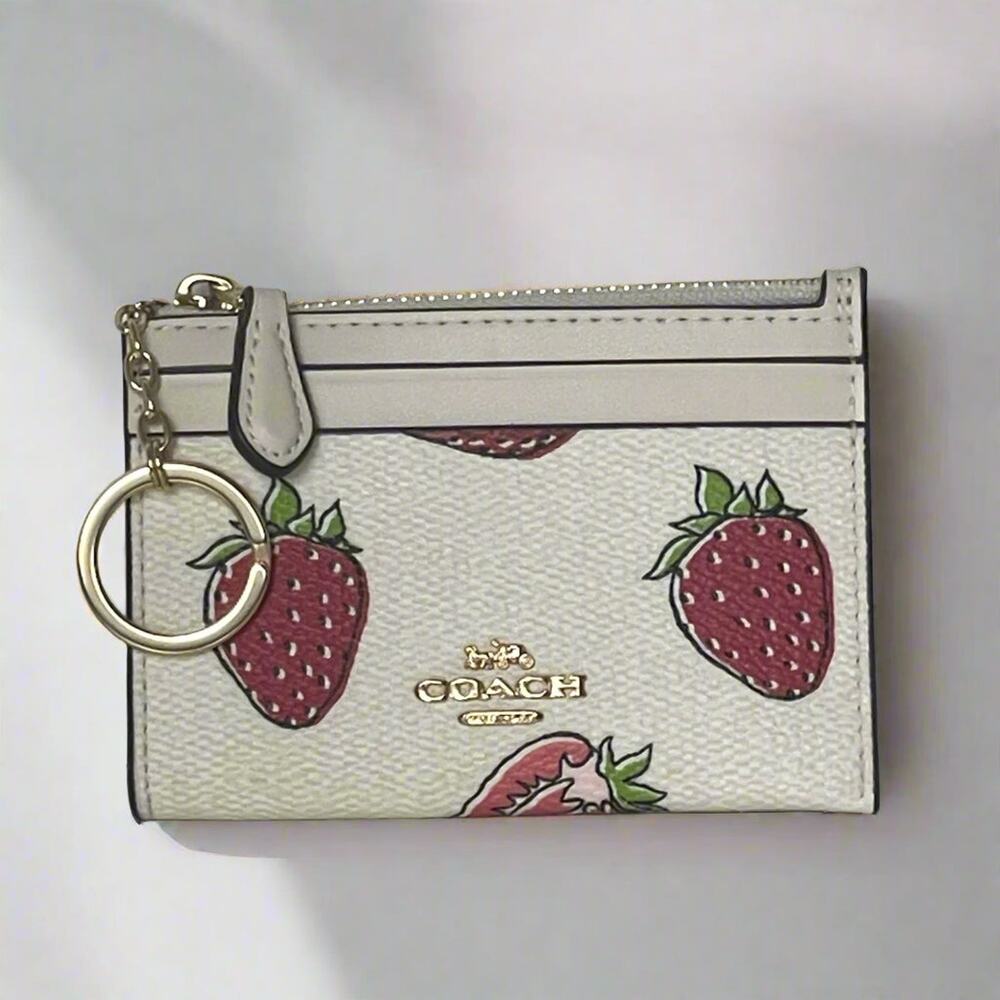 Coach Mini Skinny ID Wallet CAR17 Strawberry Print White Red Keyring - Picture 4 of 9